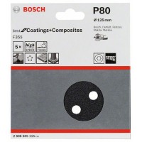 Шлифлист F355, в упаковке 5шт. 125 мм, 80 Bosch 2608605115