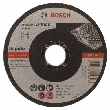 Отрезной круг прямой Standard for Inox - Rapido WA 60 T BF 115x22,23x1,0 мм Bosch 2608603169