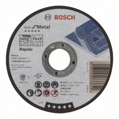 Отрезной круг прямой Best for Metal, Rapido A 60 W BF 115x1,0 мм Bosch 2608603512